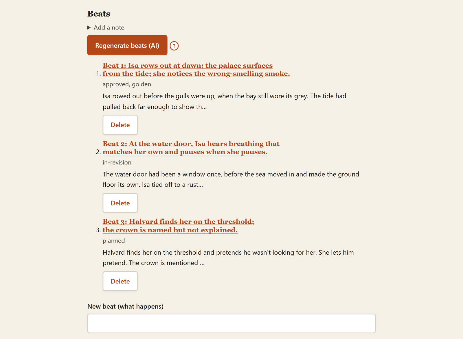 A chapter's Beats list. Three beats each show a status: beat 1 is approved and golden, beat 2 is in-revision, beat 3 is planned. The opening line of each beat's prose is previewed beneath its description.