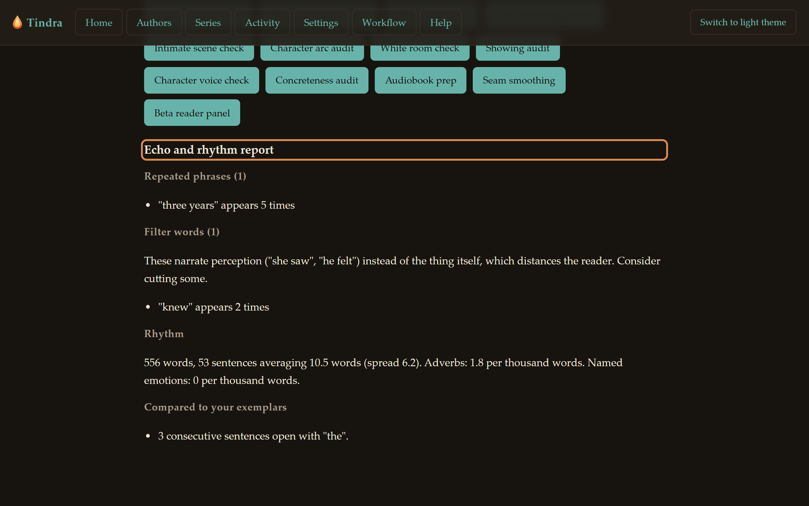 An echo and rhythm report listing a repeated phrase, filter words, and sentence rhythm statistics, beneath a row of other audit buttons such as character arc audit and beta reader panel.